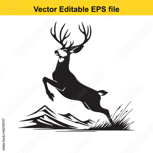 Vector art of jumping deer silhouette isolated on white background long horn, , long horn