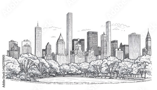 Pen sketch of New York City skyline with Central Park © Sintiacs76