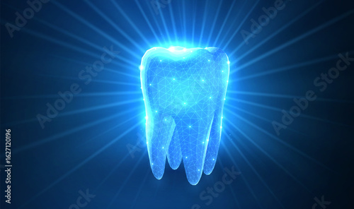 Tooth. Abstract low poly shine bright tooth illustration. Blue background and stars.