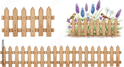 Fence details, set of isolated elements wooden fence and decoration with flowers, plants and abstract birds, watercolor illustration for your design.
