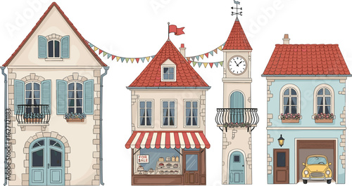 Cute town with candy store and farm shop, watercolor isolated illustration with houses, trees and flowers. Children colorful hand drawn poster.