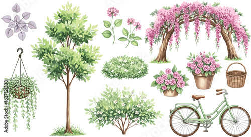 Floral set with green bicycle, wicker basket, blossom tree, flowers and plants. Cute watercolor isolated illustration for your floral design, garden or ecology