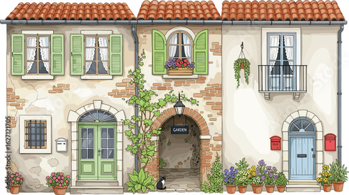 Houses in Provence style, watercolor illustration of beautiful vintage facades with decorations of plants in pots, flowers, cats, mail boxes and arch in garden.
