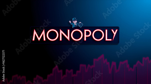 monopoly  background. Illustration with monopoly  logo. Financial illustration. monopoly  text. Economic term. Neon letters on dark-blue background. Financial chart below.ART blur