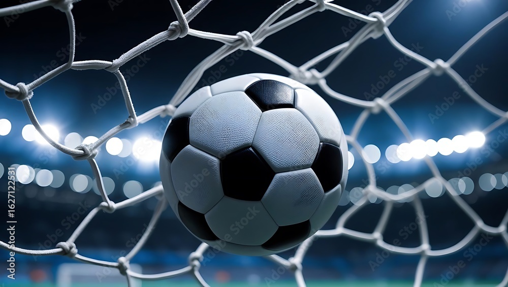 Fototapeta premium Soccer ball caught in net with stadium lights goal