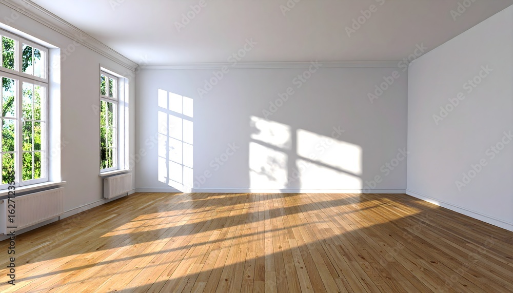 Fototapeta premium Empty white interior with wood floor and natural sunlight.