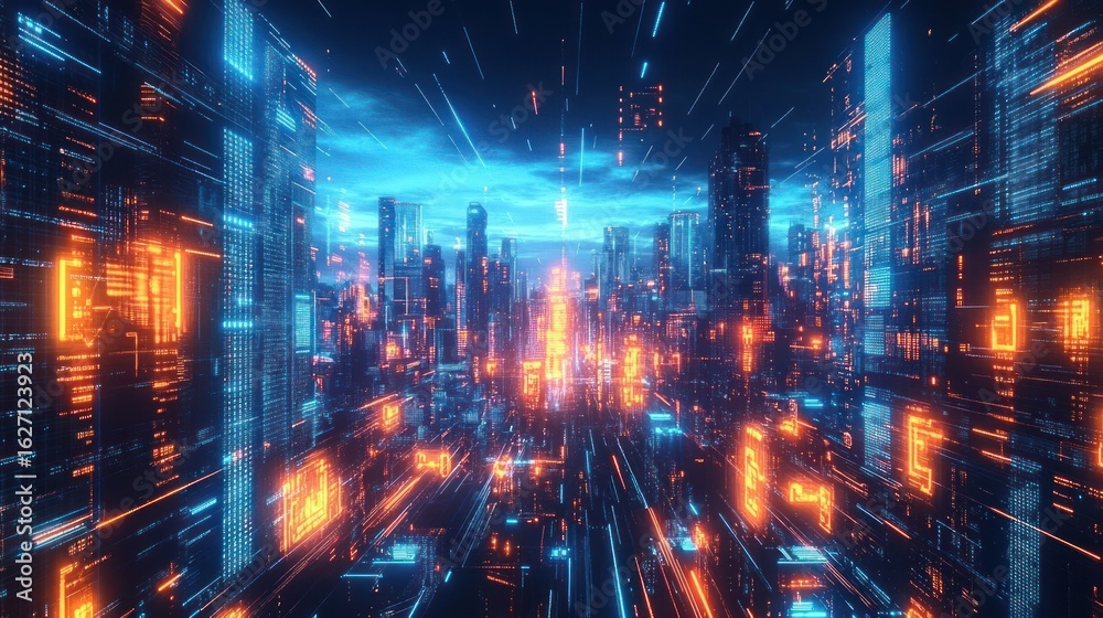 Fototapeta premium Futuristic digital cityscape with neon blue and orange lights glowing from towering skyscrapers beneath a vibrant sky filled with streaks of light
