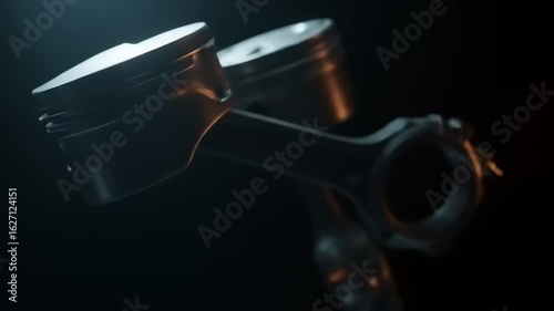 Close-up of a metallic piston and connecting rod against a dark background, showcasing engineering precision