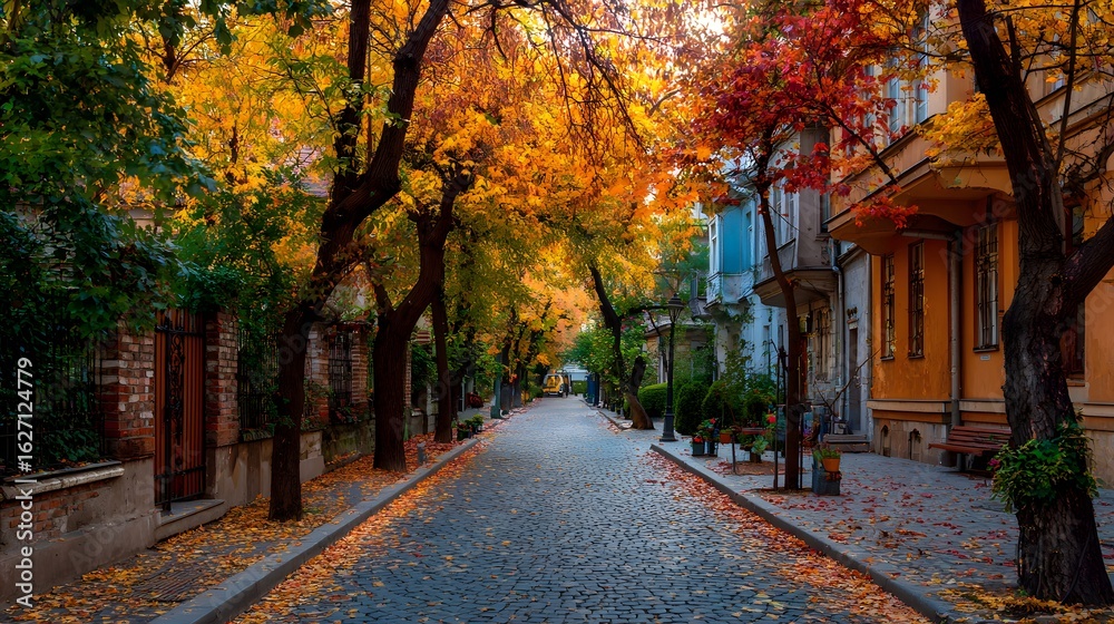 Naklejka premium Autumn street with colorful foliage-covered trees and a cobblestone road passing alongside colorful buildings during the day.