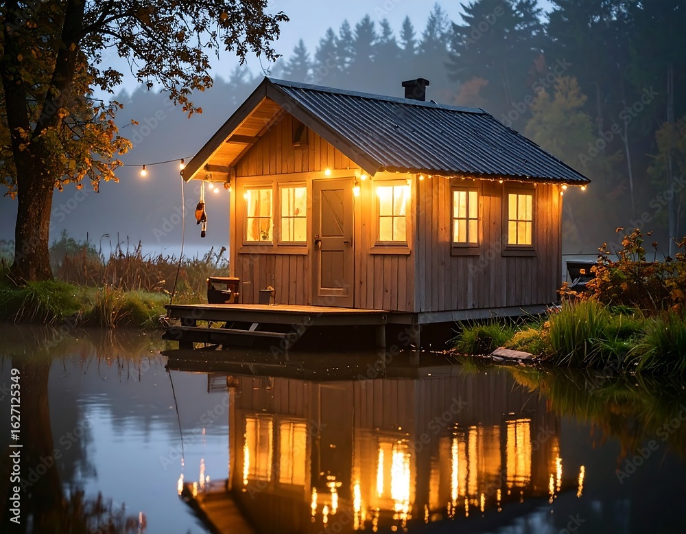 Obraz premium A cozy wooden cabin sits on a tranquil pond at dusk, illuminated by warm interior lights.