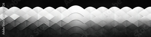 Abstract geometric pattern of overlapping dark and light curved shapes creating a layered wave-like design with a gradient from black to white