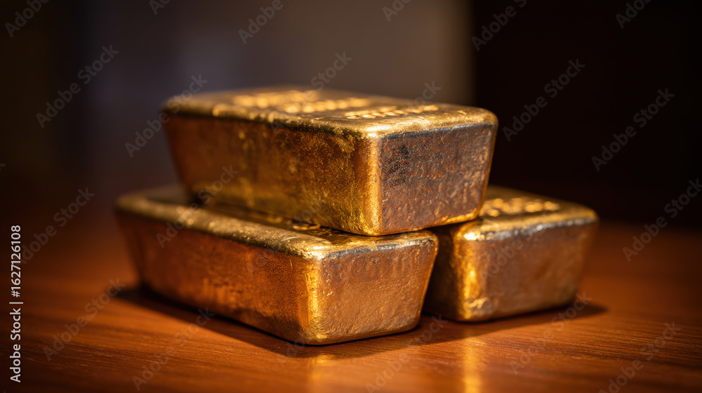 Gold bar stack on wooden surface with warm lighting and dark background creating rich and valuable atmosphere Gold bar stack on wooden surface with warm lighting and dark background creating rich and valuable atmosphere