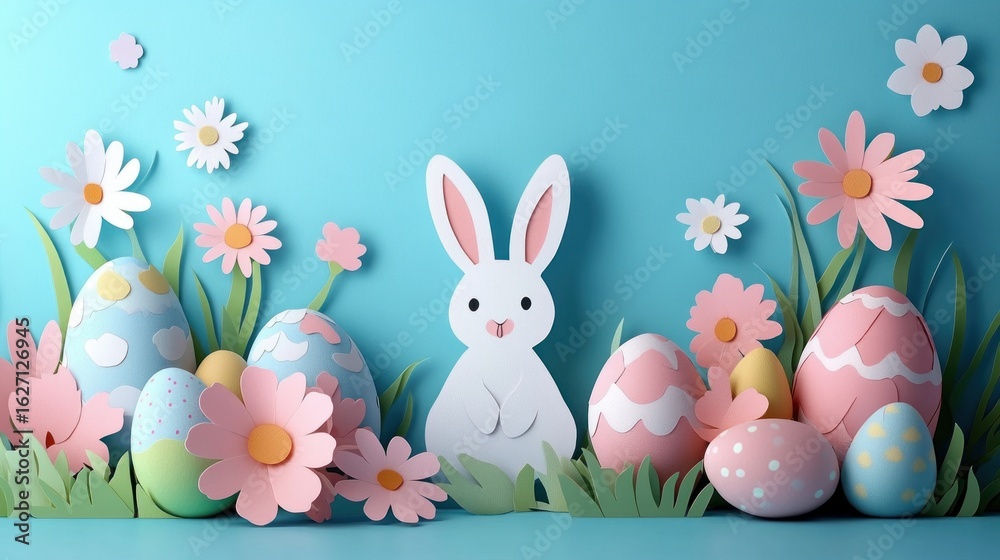 Obraz premium Cutout style scene with a playful bunny surrounded by decorated Easter eggs and pastel pink and white flowers on a blue background
