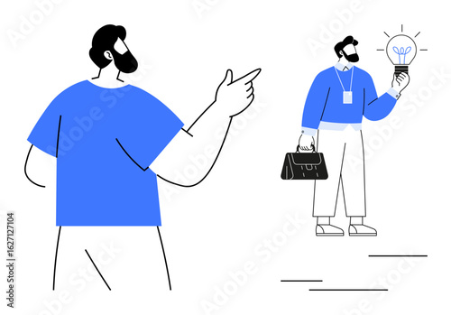 Two individuals, one pointing and another holding a glowing light bulb. Modern flat design. Ideal for teamwork, brainstorming, innovation, leadership, collaboration, education success simple flat