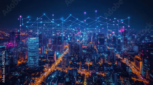 Wallpaper Mural futuristic cityscape illuminated with digital network lines signifying connectivity and innovation in urban technology depicting advancements in communications and infrastructure Torontodigital.ca