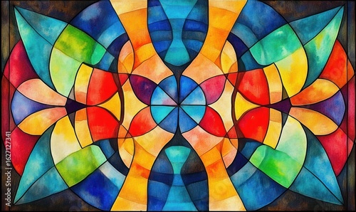 Colorful symmetrical abstract pattern with overlapping curved shapes and vibrant segments in red, blue, green, yellow, and orange hues creating a stained glass effect