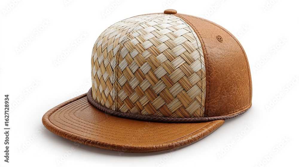 Fototapeta premium Stylish baseball cap with woven bamboo and leather accents, isolated on white background