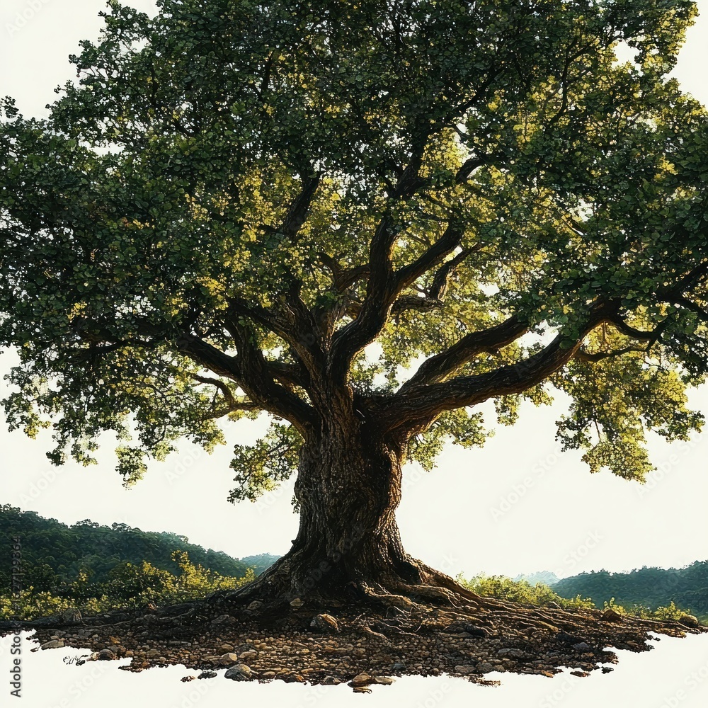 Obraz premium Large mature tree with thick branches and dense green foliage standing on rocky ground with sunlight filtering through leaves and distant forested hills under a clear sky