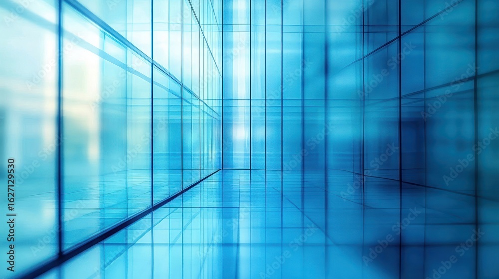 Fototapeta premium Abstract perspective view of a bright blue glass corridor with reflective surfaces and sharp geometric lines creating a modern and spacious atmosphere