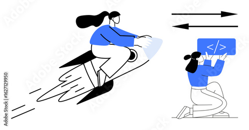 Woman riding rocket symbolizing progress, innovator holding code card, and direction arrows. Ideal for innovation, development, technology, progress, teamwork, startup education simple landing page