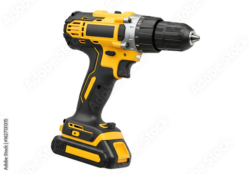 Yellow and black cordless drill with a removable battery.