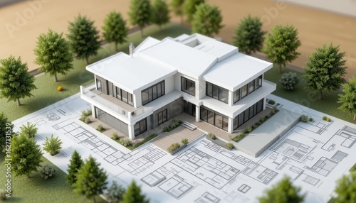 Architectural Model: Modern House Design on Blueprint