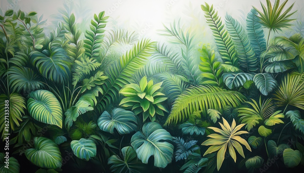 Dense arrangement of various tropical green leaves with different shapes and textures creating a lush and vibrant natural foliage scene