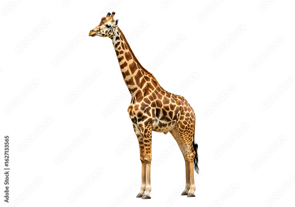 Naklejka premium Full shot of a giraffe against a black background.