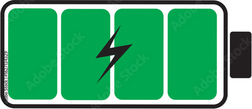 A graphic representation of a full battery charging, with green segments and lightning bolt symbol.