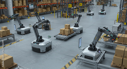 Automated robotic arms working in a modern industrial warehouse