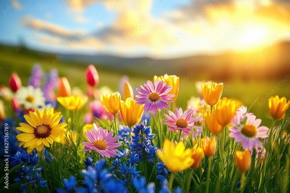 Obraz premium Colorful wildflowers including yellow tulips, pink daisies, and blue lupines glowing warmly in natural sunlight with a blurred green landscape and bright sky background