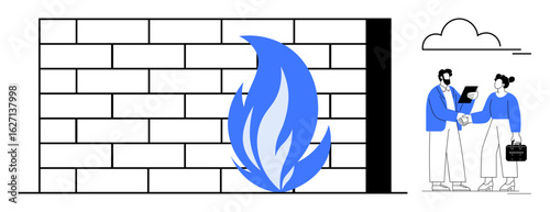 Brick wall with blue flame representing firewall security, two businesspeople sharing files and shaking hands. Ideal for cybersecurity, protection, data safety, trust, teamwork, technologies, simple