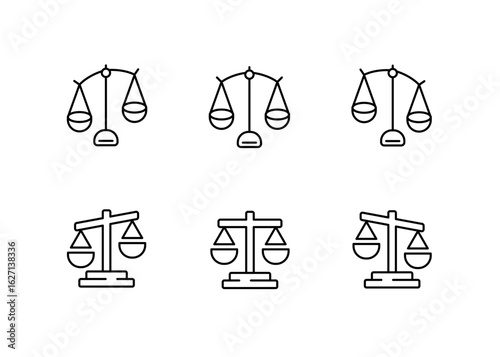Law and justice outline icons set – linear, legal, courtroom symbols