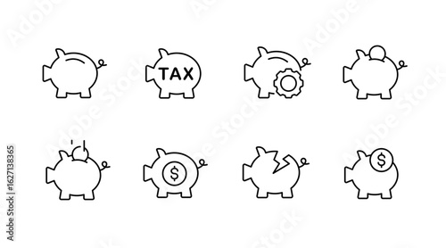 Finance and money icons set – outline, linear, banking and savings symbols