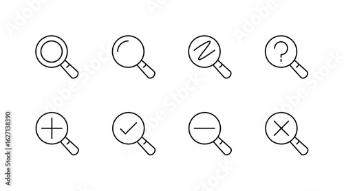 Magnifying glass icons set – outline, linear, search and find symbols