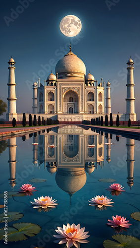 Taj Mahal reflected in water with lotus flowers and full moon