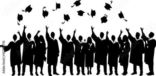 Graduated at university, college. Crowd of graduates in mantles, throws up the square academic caps. Cheerful people silhouette vector