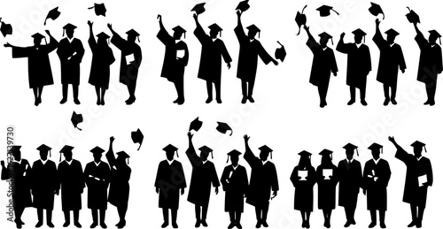 Graduated at university, college. Crowd of graduates in mantles, throws up the square academic caps. Cheerful people silhouette vector