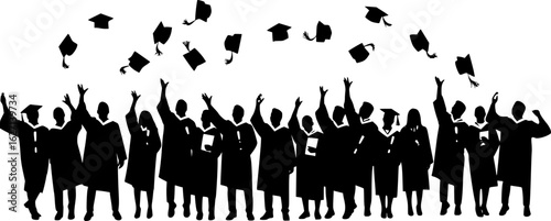 Graduated at university, college. Crowd of graduates in mantles, throws up the square academic caps. Cheerful people silhouette vector