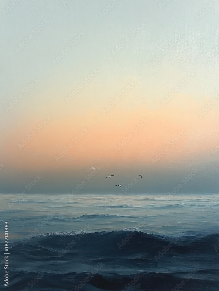 Fototapeta premium Calm ocean waves under a soft pastel sunset sky with a few flying birds creating a peaceful and serene atmosphere