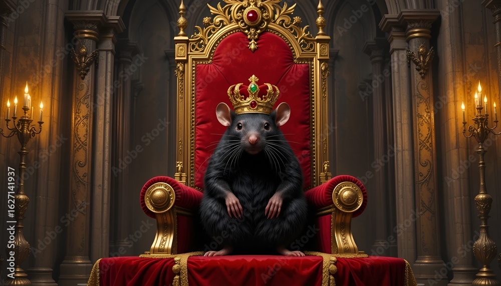 Obraz premium A majestic rat sits regally enthroned, adorned with a golden crown on an ornate throne
