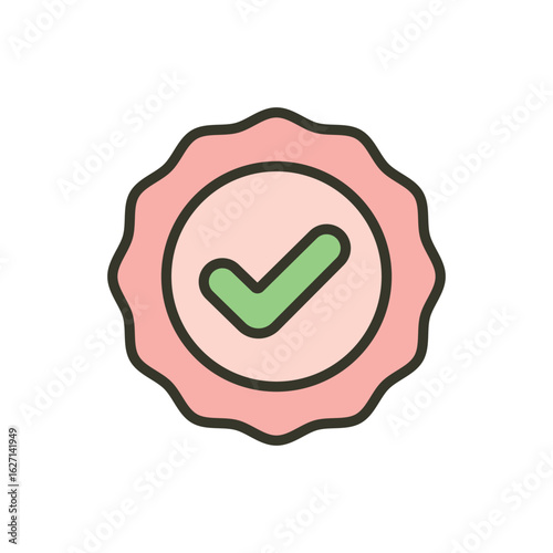 A cartoon icon of a checkmark inside a circular rosette with a wavy edge, representing an award or official verification.