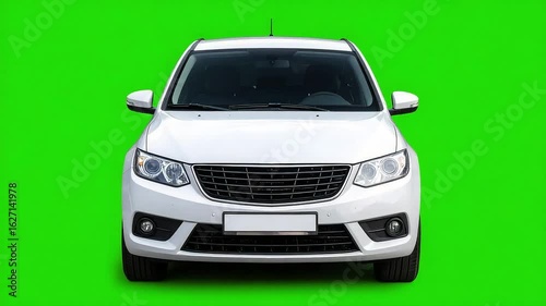 White car front view isolated on a green screen background for compositing