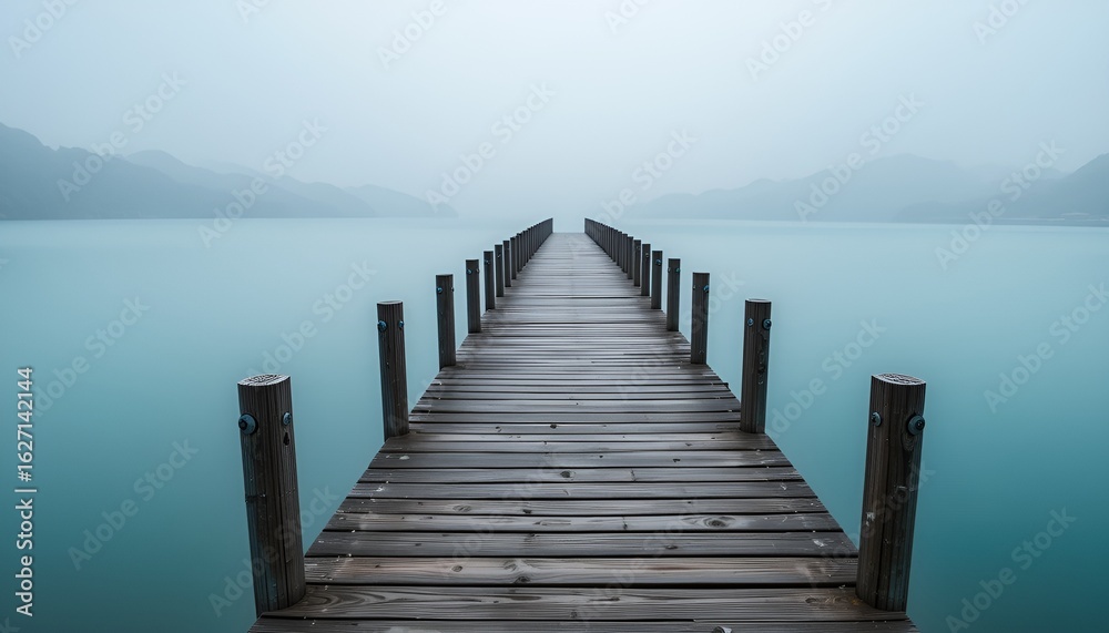 Fototapeta premium A weathered wooden pier extends into a serene lake shrouded in soft, calming, ethereal mist