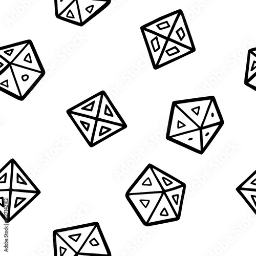 Seamless pattern of hand drawn geometric dice shapes with triangular faces on a white background
