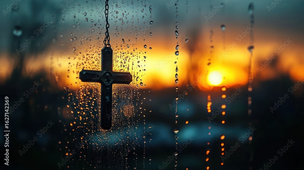 Naklejka premium metal cross pendant hanging on a wet window with water droplets and blurred warm sunset background creating a reflective and serene mood
