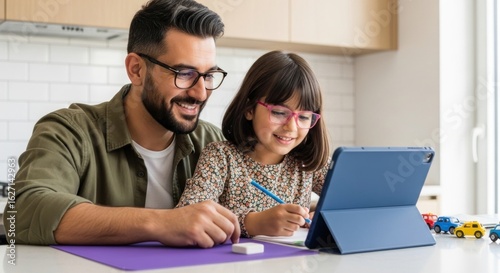 A father helping his daughter with homework on a tablet at a table with toy cars and purple paper