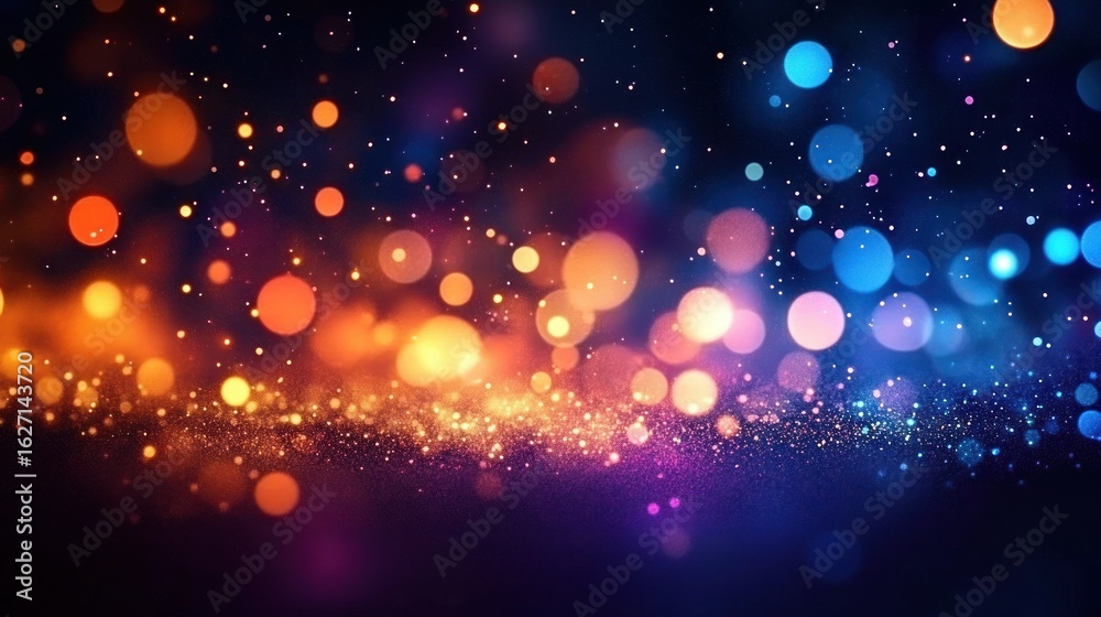 Obraz premium Abstract glowing bokeh lights in warm orange and cool blue tones creating a sparkling and dreamy atmosphere on a dark background