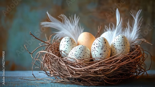 Close-up of a bird's nest with one plain egg and four speckled eggs surrounded by white feathers on a wooden surface with a blurred background
