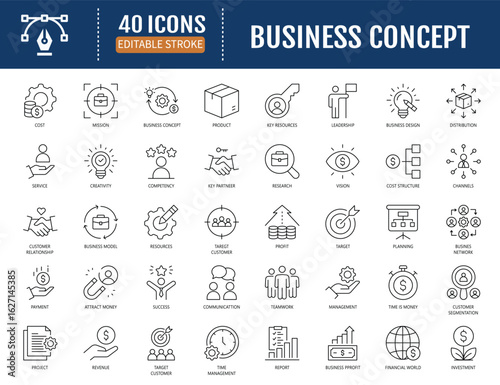 Business concept line icon set. Containing
services, products, revenue, distribution, core
value, cost, management and more. Vector
Illustration with Editable Strokes